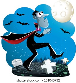 Dracula Cartoon - Vector illustration of Dracula creeping in the cemetery at night.  