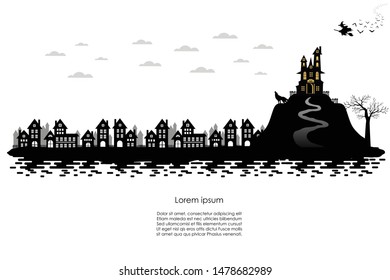 Dracula castle and dark town. Design template and web for banner, poster, greeting card. Vector illustration