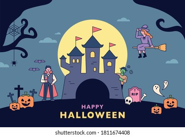 Dracula Castle in the forest and Halloween characters. flat design style minimal vector illustration.