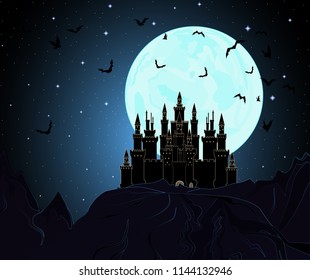 Dracula castle in the mountains with flying bats and full moon sky. Vector Halloween background