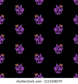 dracula castle seamless pattern, bright vector illustration on black background.