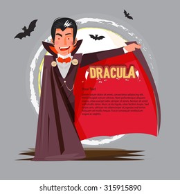 Dracula Character Design Open His Mantle To Presenting. Typographic Vector Illustration