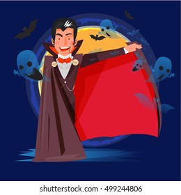 dracula character design open his mantle to presenting. typographic vector illustration