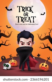 Dracula character vector poster design. Halloween trick or treat greeting card with vampire boy character cover with cape and robe elements in cemetery background. Vector illustration horror trick 