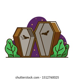 Dracula coffin illustration, Halloween party design element for banner or UI design. 2 bat with 2 coffins