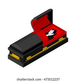 Dracula in coffin. Vampire Count in an open coffin. Ghoul in casket. Retro monster