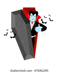 Dracula and coffin. Vampire Thumbs up shows well. Ghoul winks. Signs all right. happy Good bloodsucker. Mimicry smile on his face. Gesture of hand order. Illustration halloween. Bats and open casket