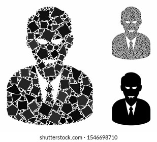 Dracula composition of tremulant pieces in variable sizes and shades, based on dracula icon. Vector tremulant items are organized into collage. Dracula icons collage with dotted pattern.