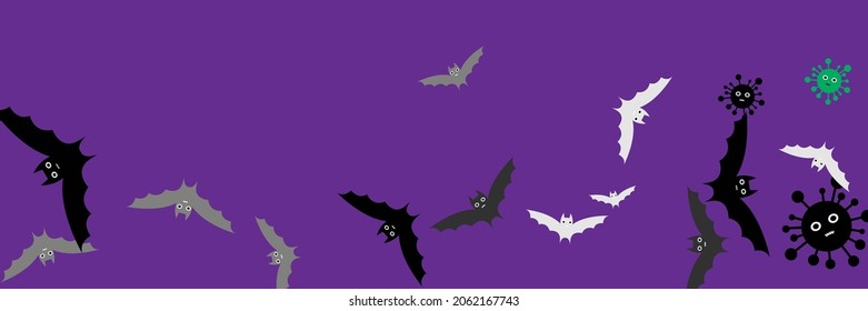 Dracula Corona Spooky Vampire Virus Background. Party Covid Scary Fear Funny Grey Halloween Illustration. Creepy Cartoon Black Purple Gothic Backdrop. Faces White Mysterious Horror Vaccination Bats.