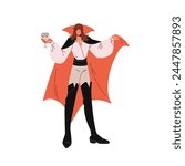 Dracula cosplay for Halloween party. Spooky vampire costume for Helloween masquerade. Scary bloodsucker character with cup of blood. Suit for carnival. Flat isolated vector illustration on white