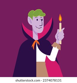 Dracula costume halloween flat style. Cute halloween cartoon characters . candle