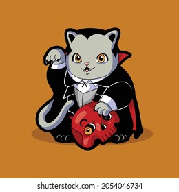 Dracula Cute Funny Cat Halloween Sticker Vector