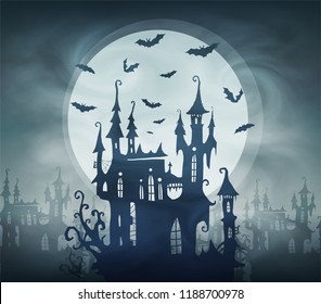 Dracula dark castle silhouette with bats and giant moon. Vector halloween card template.