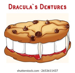 Drácula Dentures Cookie. Feito com Chocolate Chip Cookie, Marshmallows, Framboesa Xarope e Amêndoa. Ilustração detalhada do tratamento de festa de Halloween assustador