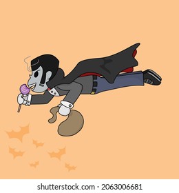 Drácula come copas y lleva una bolsa de dulces de Halloween mientras huye aislado en el fondo naranja, ilustración vectorial del personaje de Halloween.