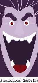 Dracula face on dark purple Halloween vertical banner in flat vector style