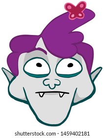 Dracula feeling awkward because there is a cute butterfly on his head. Funny and absurd situation.