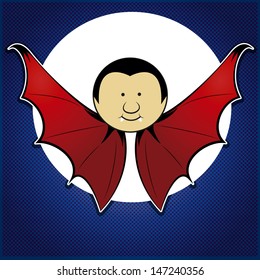 dracula friendly, no body, just red wings and head, behind white full moon, blue background.