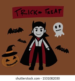 Dracula with ghost spirit, the bat and pumpkin and text (trick or treat) on brown background. The concept of Halloween.