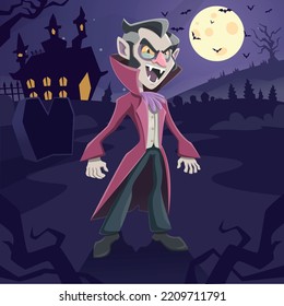 Dracula with halloween background in cartoon style
