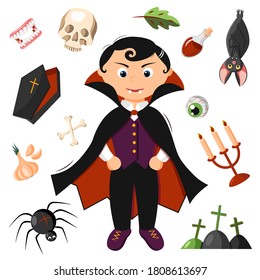 Dracula halloween set with various vampire accessories. Vector illustration in flat design.