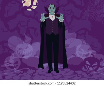 Dracula Halloween thematic abstract background, Vampire count monster full moon, creepy tree branches with pumpkins and fog on a brick stone road