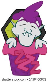 Dracula having a deep sleep in his coffin with a blanket, in cartoon style.