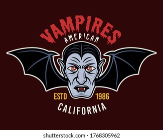 Cabeza de dracula con alas de murciélago emblema vectorial colorido, placa, pegatina, parche, logotipo o camiseta impreso aislado en ilustración de fondo oscuro