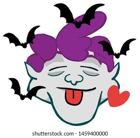 Dracula head with a delighted face, with a goofy expression,  with bats flying around, in a cartoon style