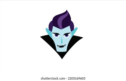 Dracula head wearing black. flat vampire character with fangs. Happy Halloween. Greeting card. Flat design. White background. Isolated. Vector illustration