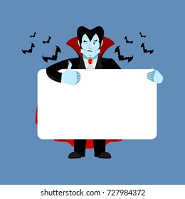 Dracula holding banner blank. vampire and white blank. ghoul joyful emotion. monster and place for text. Vector illustration