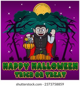 Dracula Holding Candy. Happy Halloween. Trick or Treat. Greeting Card, Invitation and Poster. Vectors and Illustrations.