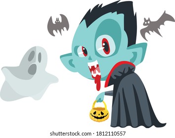 Dracula holding a Halloween pumpkin