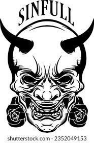 Dracula with horns, skull with horns, rose on sides, Sinfull logo