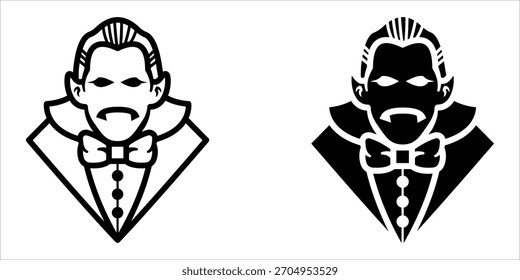 Dracula icon set. A minimalist line art illustration of a Dracula portrait, perfect for Halloween themed designs, scary vampire motifs, and spooky designs.