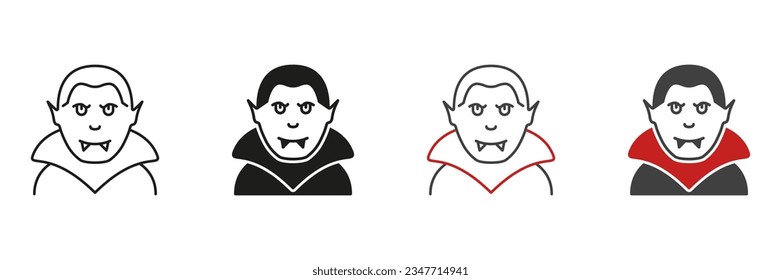 Línea de dracula y conjunto de iconos de silueta. Drácula Espeluznante, Retrato De Vamp Asustado. Colección de símbolos color y negro de disfraces de Halloween. Pictograma de caracteres de Halloween. Ilustración de vectores aislados.