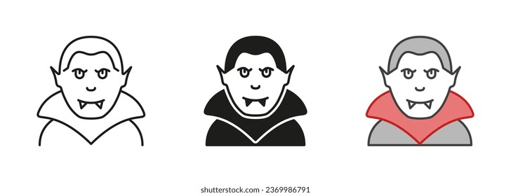 Línea de dracula y conjunto de iconos de silueta. Drácula Espeluznante, Retrato De Vamp Asustado. Colección de símbolos color y negro de disfraces de Halloween. Pictograma de caracteres de Halloween. Ilustración de vectores aislados.