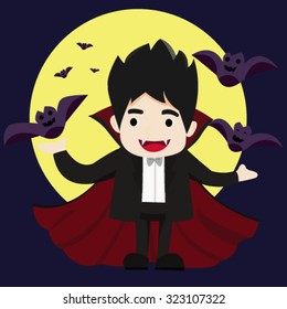 Dracula and many bats fly in front of yellow moon on dark blue background, Halloween concept flat vector illustration
