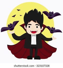Dracula and many bats fly in front of yellow moon on white background, Halloween concept flat vector illustration
