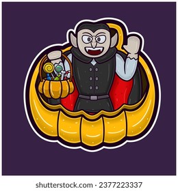 Dracula On Big Pumpkin Cartoon. Halloween Sticker Logo. Vectors and Illustrations.