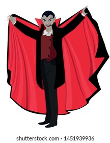 Dracula Opened The Cape. Vector Illustration Isolated On White Background.