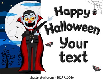 Dracula points to a place for text, surrounded by a night landscape. Halloween