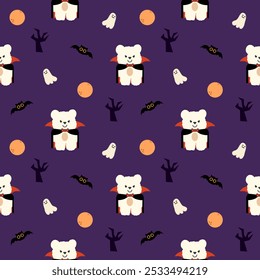 Dracula polar bear cartoon so cute. On tree bat moon ghost purple background. Pattern seamless vector illustration. 
