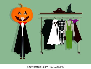 Dracula in a pumpkin suit and different costumes for Halloween. Flat vector illustration