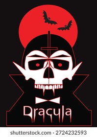 Drácula con luna roja, murciélagos y texto, fondo abstracto, Ilustración vectorial