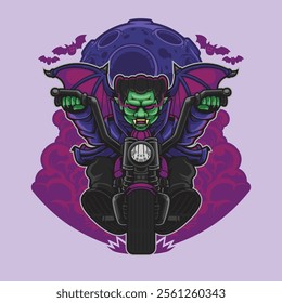 Dracula riding a motorcycle with bat wings on his back and a full moon in the background. Great for horror-themed art