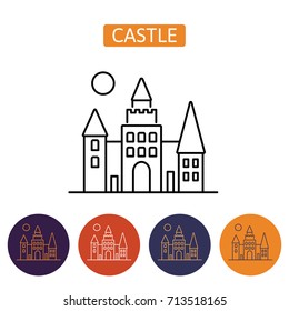 Dracula s Castle icon. Isolated on white background. Halloween castle with orange windows and moon over it. Design element for Halloween. Vector illustration in flat style for your design.