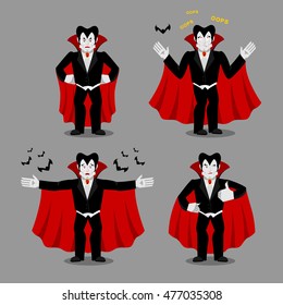 Dracula set of movements. Vampire collection of poses. ghoul expression of emotion. Cheerful and surprised. Angry and happy