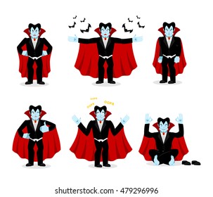 Dracula set of movements. Vampire collection of poses. ghoul expression of emotion. Cheerful and surprised. Angry and happy