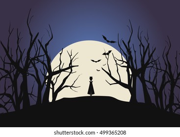 Dracula silhouette, moon, trees and bats. Flat vector illustration